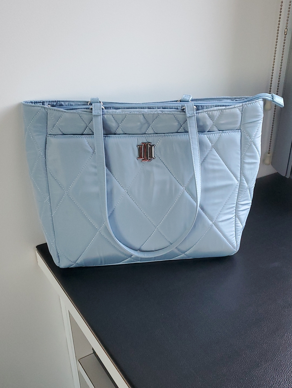 INC International Concepts Light Blue Quilted Tote with Silver Accent